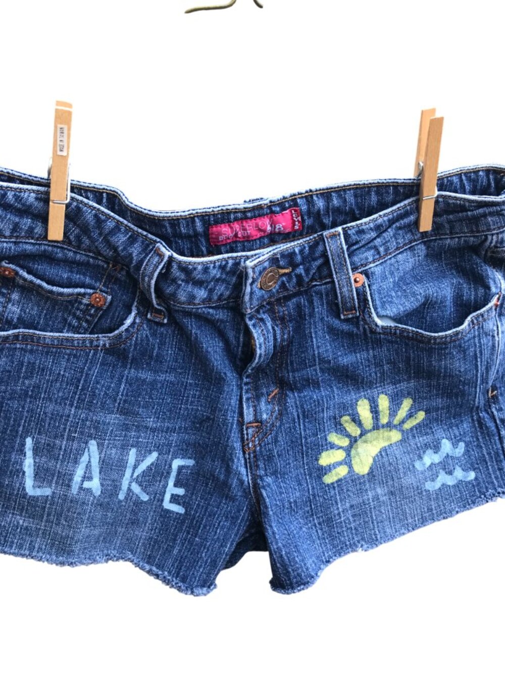Upcycled Superlow Denim Cutoff Jean Shorts, Painted Frayed Size 9 Junior